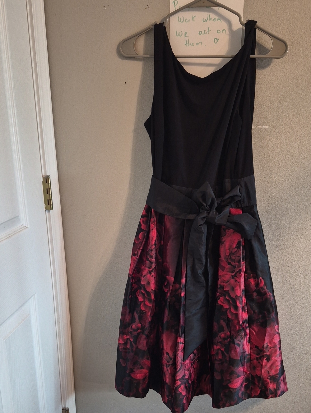 Girls Black & Red Floral Fit-and-Flare Party Dress with Sash